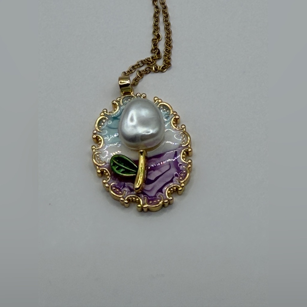 Floral and Pearl Enamel Charm Pendant Necklace - Picture 8 of 8